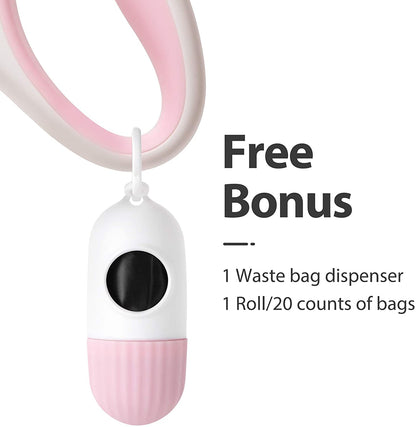 Retractable Dog Leash with Poop Bag Dispenser, 10 Ft Leash for Pets Up to 18 lbs, Anti-Slip Handle, Tangle-Free Design, Reflective Nylon Tape (XS, White)