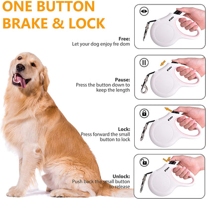 Retractable Dog Leash with Poop Bag Dispenser, 10 Ft Leash for Pets Up to 18 lbs, Anti-Slip Handle, Tangle-Free Design, Reflective Nylon Tape (XS, White)
