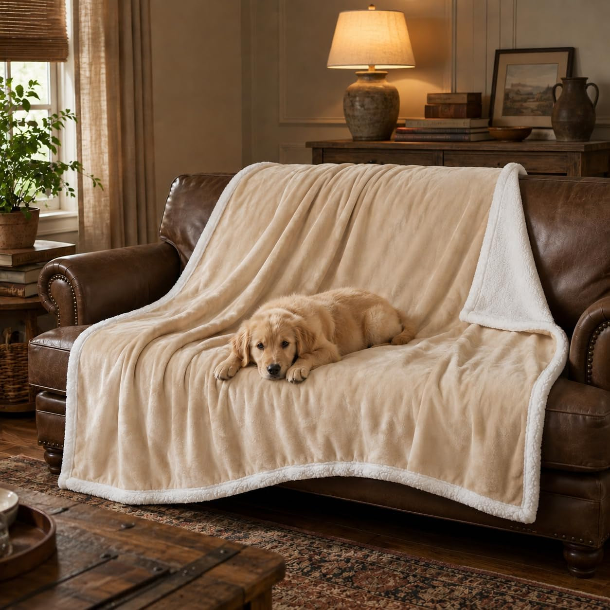Large Dog Fleece Blanket, Soft and Fluffy Pet Throw for Couch, Sofa, Dog Beds, and Car Seats, Washable, 50x60 Inches, Beige