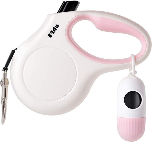 Retractable Dog Leash with Poop Bag Dispenser, 10 Ft Leash for Pets Up to 18 lbs, Anti-Slip Handle, Tangle-Free Design, Reflective Nylon Tape (XS, White)