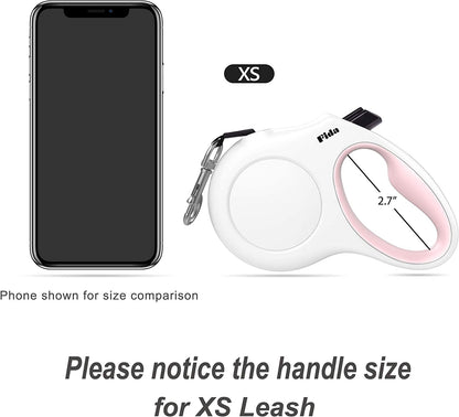 Retractable Dog Leash with Poop Bag Dispenser, 10 Ft Leash for Pets Up to 18 lbs, Anti-Slip Handle, Tangle-Free Design, Reflective Nylon Tape (XS, White)