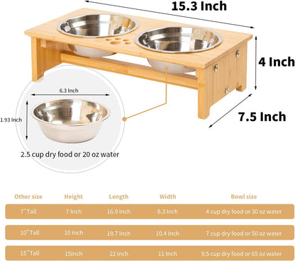 FOREYY Elevated Pet Feeding Station for Cats and Small Dogs, Bamboo Stand with Two Stainless Steel Bowls and Anti-Slip Feet (4" Height, 20 Oz Capacity)