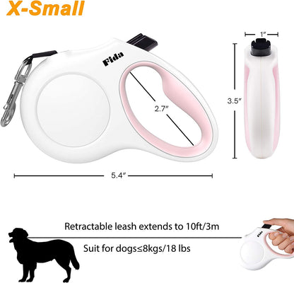 Retractable Dog Leash with Poop Bag Dispenser, 10 Ft Leash for Pets Up to 18 lbs, Anti-Slip Handle, Tangle-Free Design, Reflective Nylon Tape (XS, White)