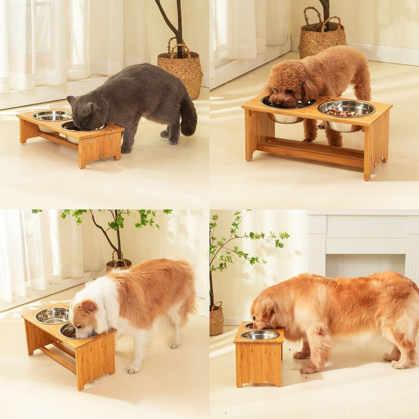 FOREYY Elevated Pet Feeding Station for Cats and Small Dogs, Bamboo Stand with Two Stainless Steel Bowls and Anti-Slip Feet (4" Height, 20 Oz Capacity)