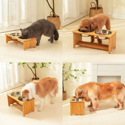 FOREYY Elevated Pet Feeding Station for Cats and Small Dogs, Bamboo Stand with Two Stainless Steel Bowls and Anti-Slip Feet (4" Height, 20 Oz Capacity)