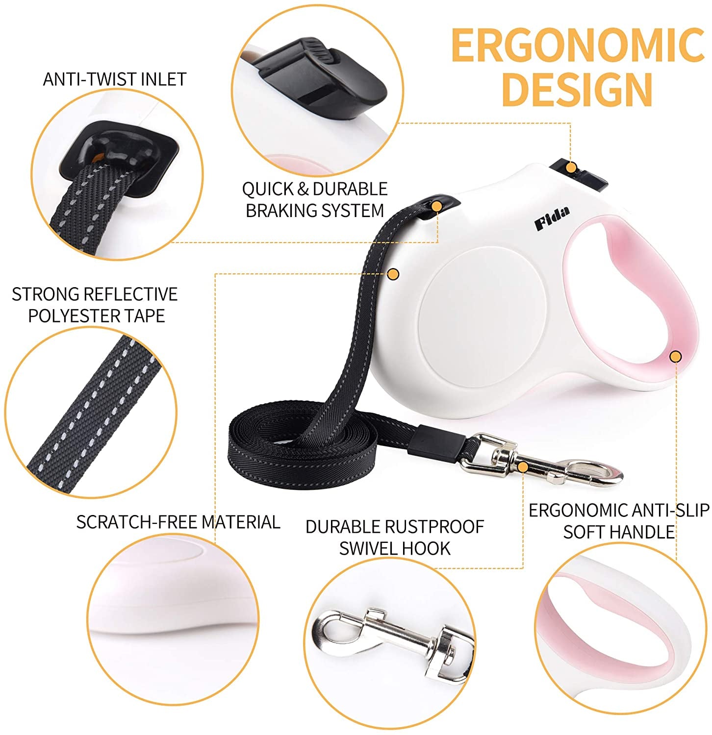 Retractable Dog Leash with Poop Bag Dispenser, 10 Ft Leash for Pets Up to 18 lbs, Anti-Slip Handle, Tangle-Free Design, Reflective Nylon Tape (XS, White)