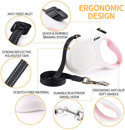 Retractable Dog Leash with Poop Bag Dispenser, 10 Ft Leash for Pets Up to 18 lbs, Anti-Slip Handle, Tangle-Free Design, Reflective Nylon Tape (XS, White)