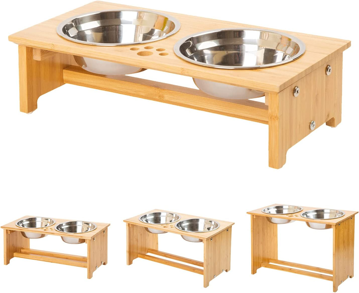 FOREYY Elevated Pet Feeding Station for Cats and Small Dogs, Bamboo Stand with Two Stainless Steel Bowls and Anti-Slip Feet (4" Height, 20 Oz Capacity)